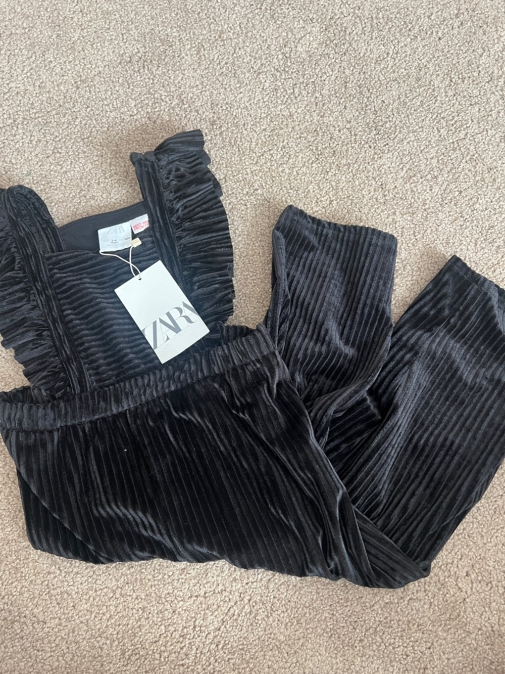 NWT ZARA Black Pleated Velvet Ruffled-Strap Jumpsuit